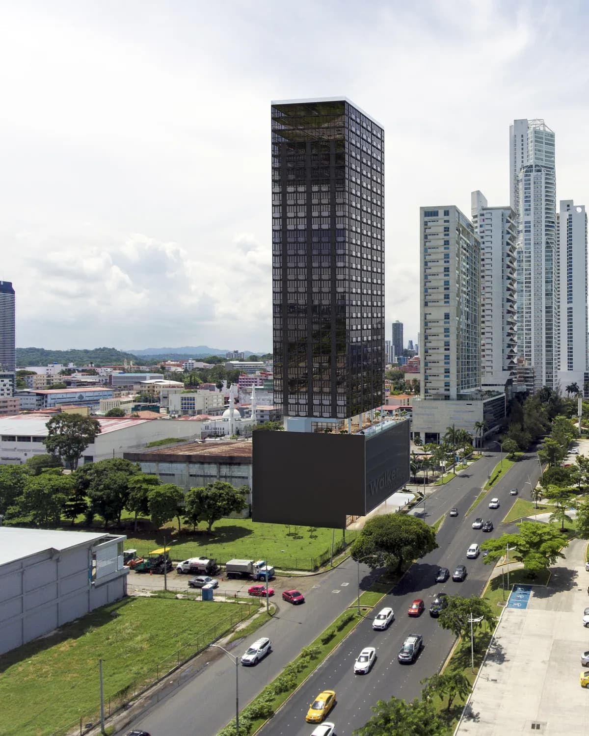 Render de The Walker, torre de fachada oscura junto a la Cinta Costera de Ciudad de Panamá